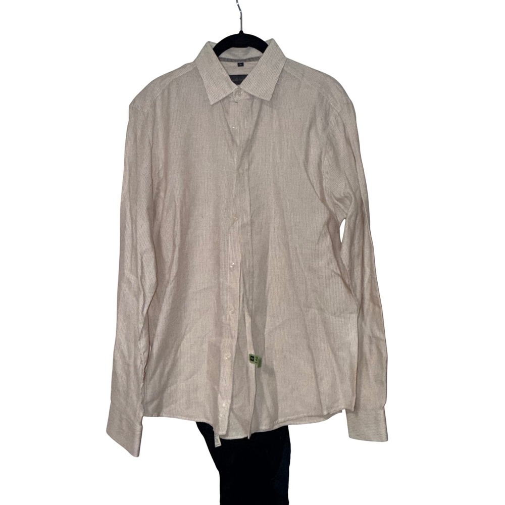Emile Lafaurie Button Down Mens L Beige Linen Blend Stripe Shirt